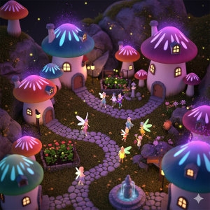 Miniatur desa fantasi, rumah jamur berwarna-warni, jalan dari batu kecil, karakter peri mini berjalan, lighting magis dengan cahaya ungu.